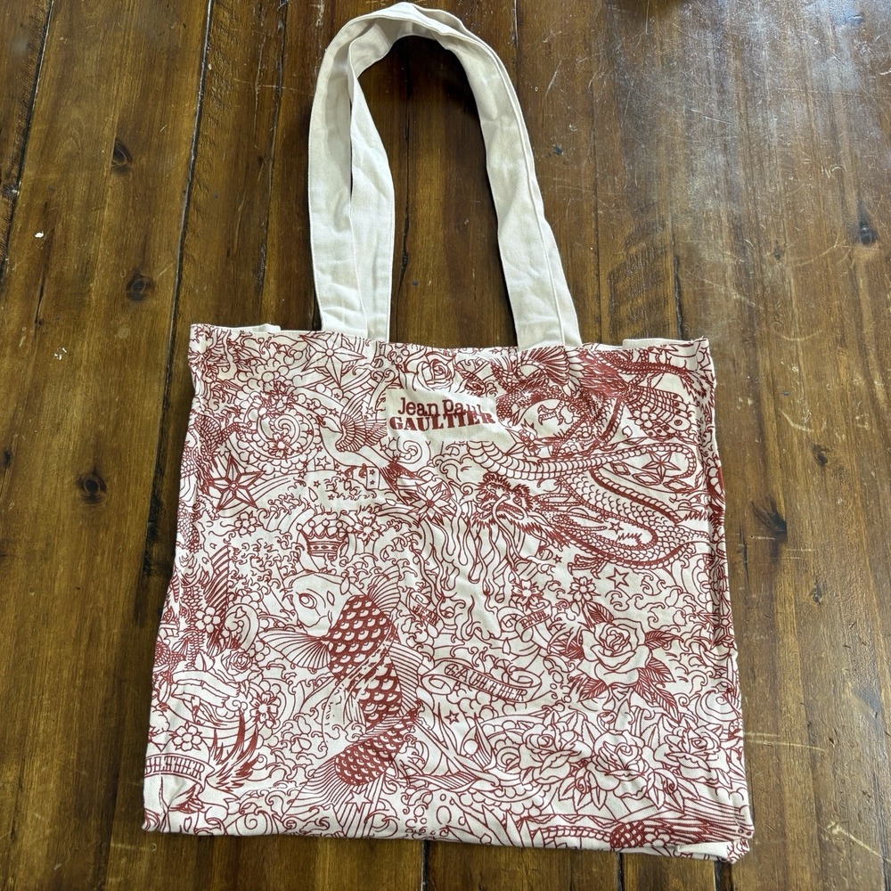 Jean Paul Gaultier Tattoo Style Tote Bag Red & Beige Canvas Shoulder Woven - Picture 2 of 12